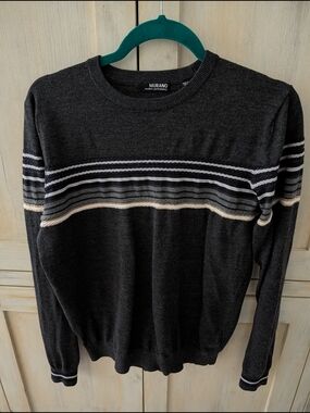 Murano Men's Dark Charcoal Crewneck Sweater with Neutral Stripes